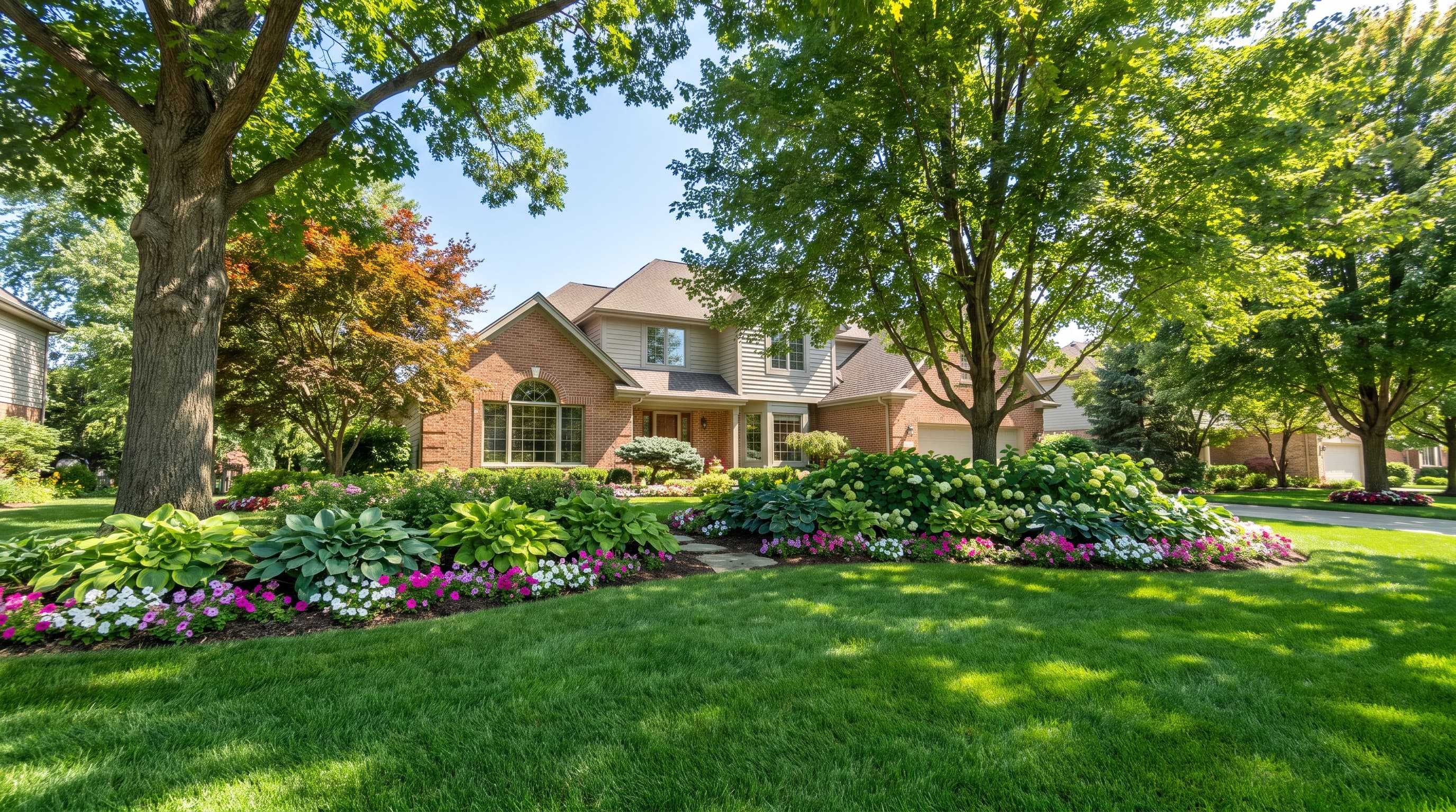 Beautifully landscaped green residential lawn